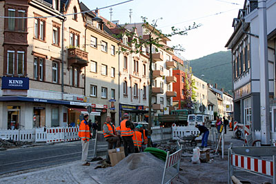 Der erste Baum auf der Platzfläche wird gesetzt